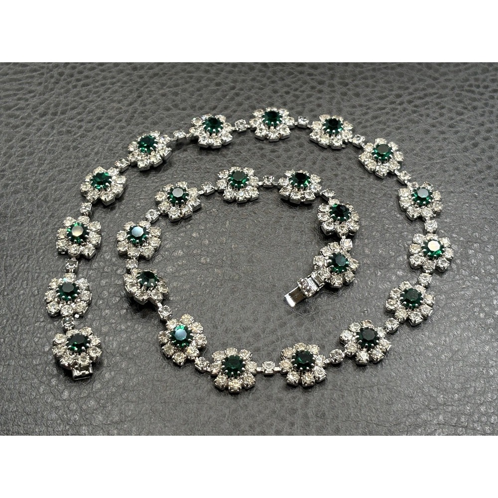 Vintage Green Crystal Rhinestone Flower Cluster Choker Necklace Silver Tone 17" - Picture 12 of 16